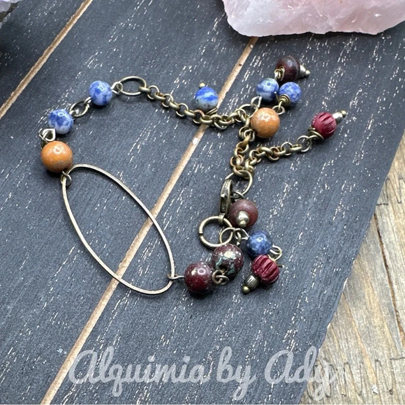 Sodalite  rustic brass adjustable statement beaded bracelet - Picture 1 of 5